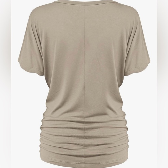 Solid Short Sleeve Boat Neck/V Neck Dolman Top T Shirt with Side Shirring - Picture 3 of 6